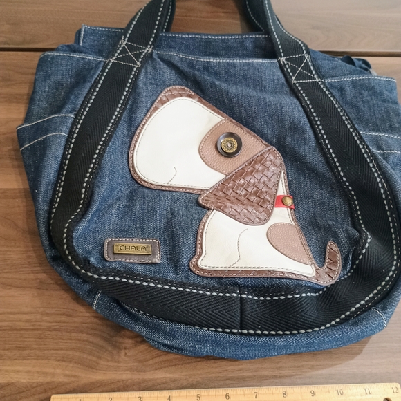 Chala Denim Tote with Brown & Cream Puppy Applique - Picture 4 of 13